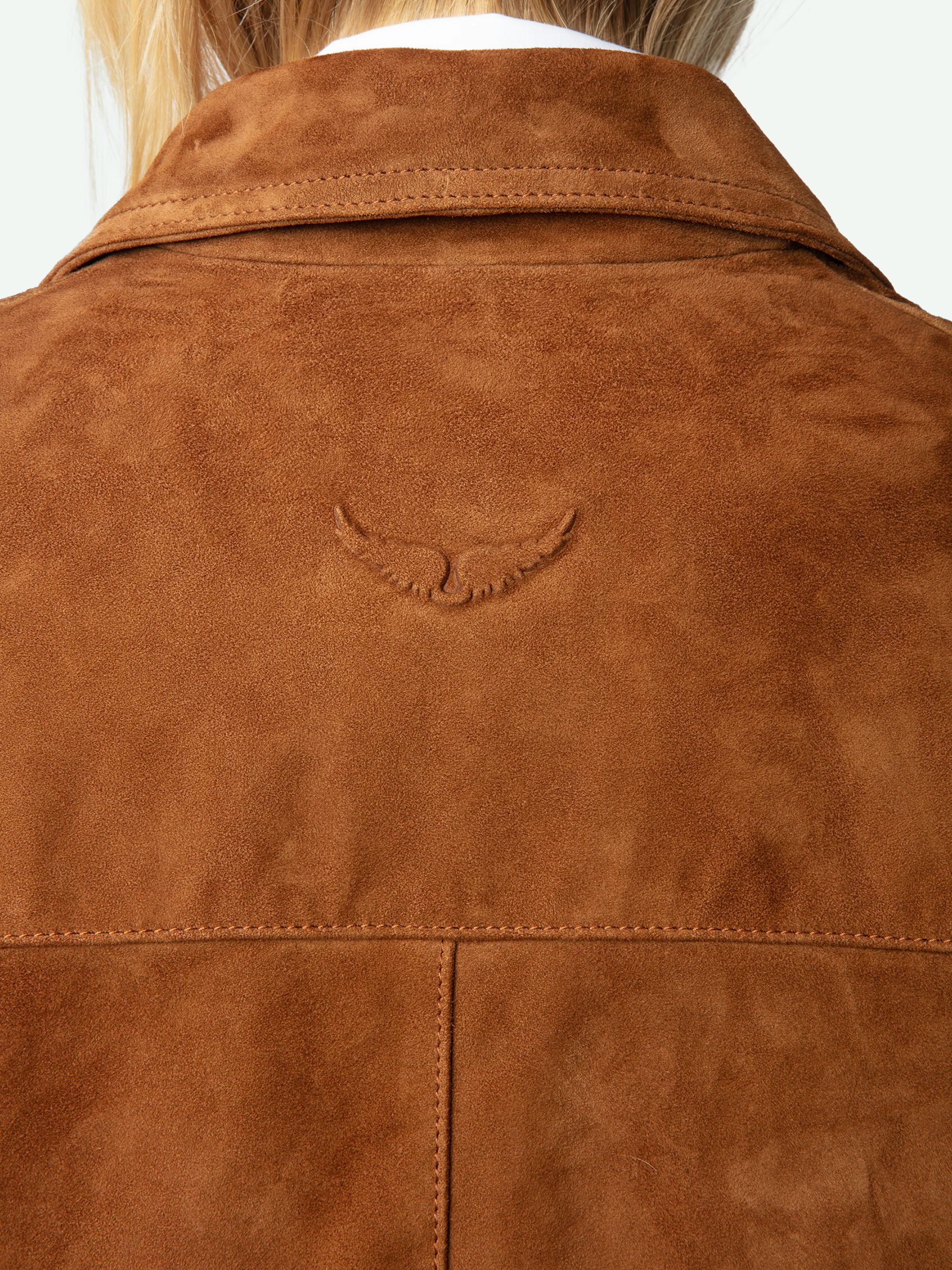 Lessa Jacket 100% Suede Leather - Cropped suede leather jacket with embossed wing on the back.
